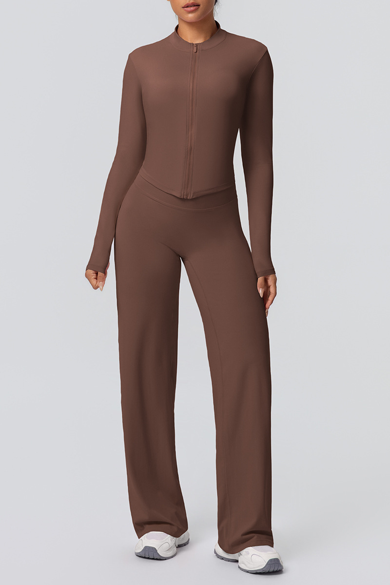 Women's Set:Collared Zippered Jacket And Wide Leg Pants