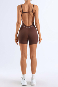 Women's Striped Color-Block Padded Backless Short Yoga Jumpsuit