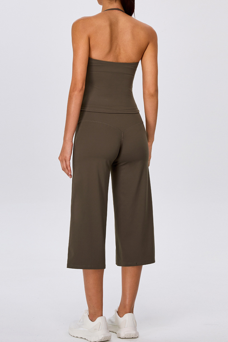 Women's Yoga Sets:Halter Twist Tank Top &Wide Leg Capri Pant