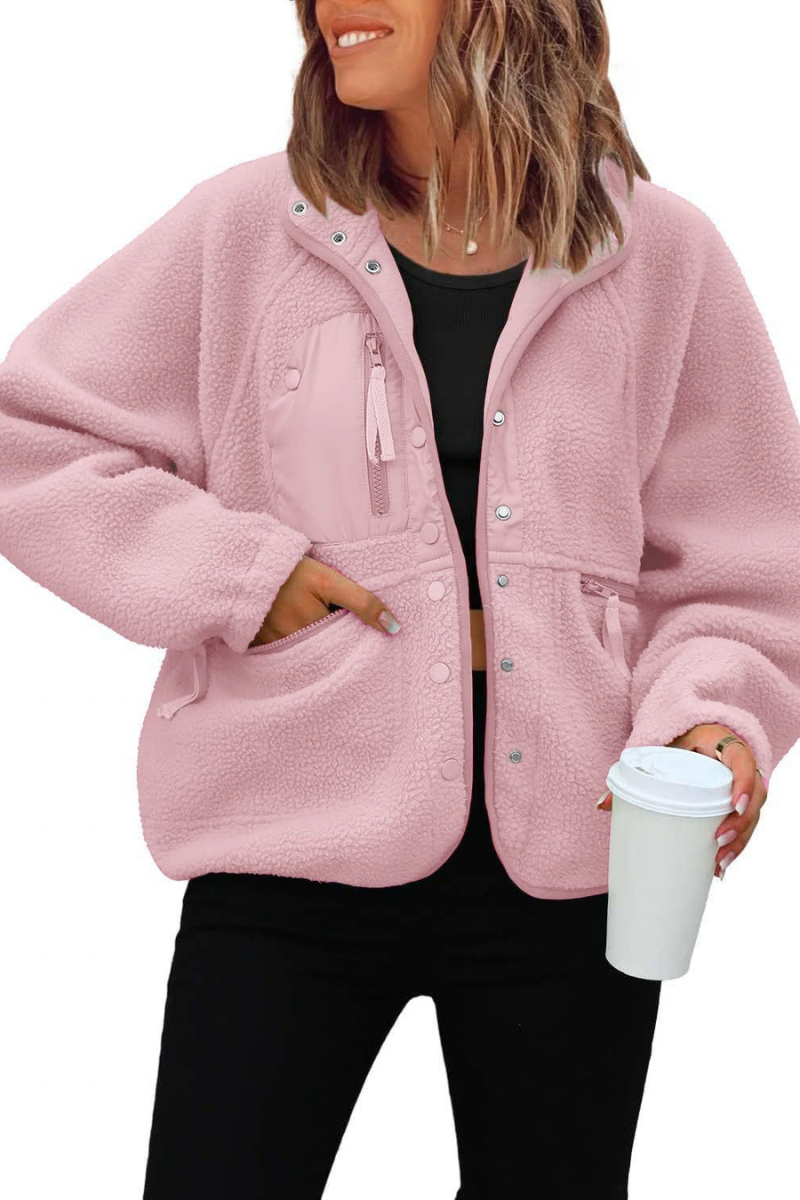 Women's Fall/Winter Patch Pockets Fleece Snap Button Jacket