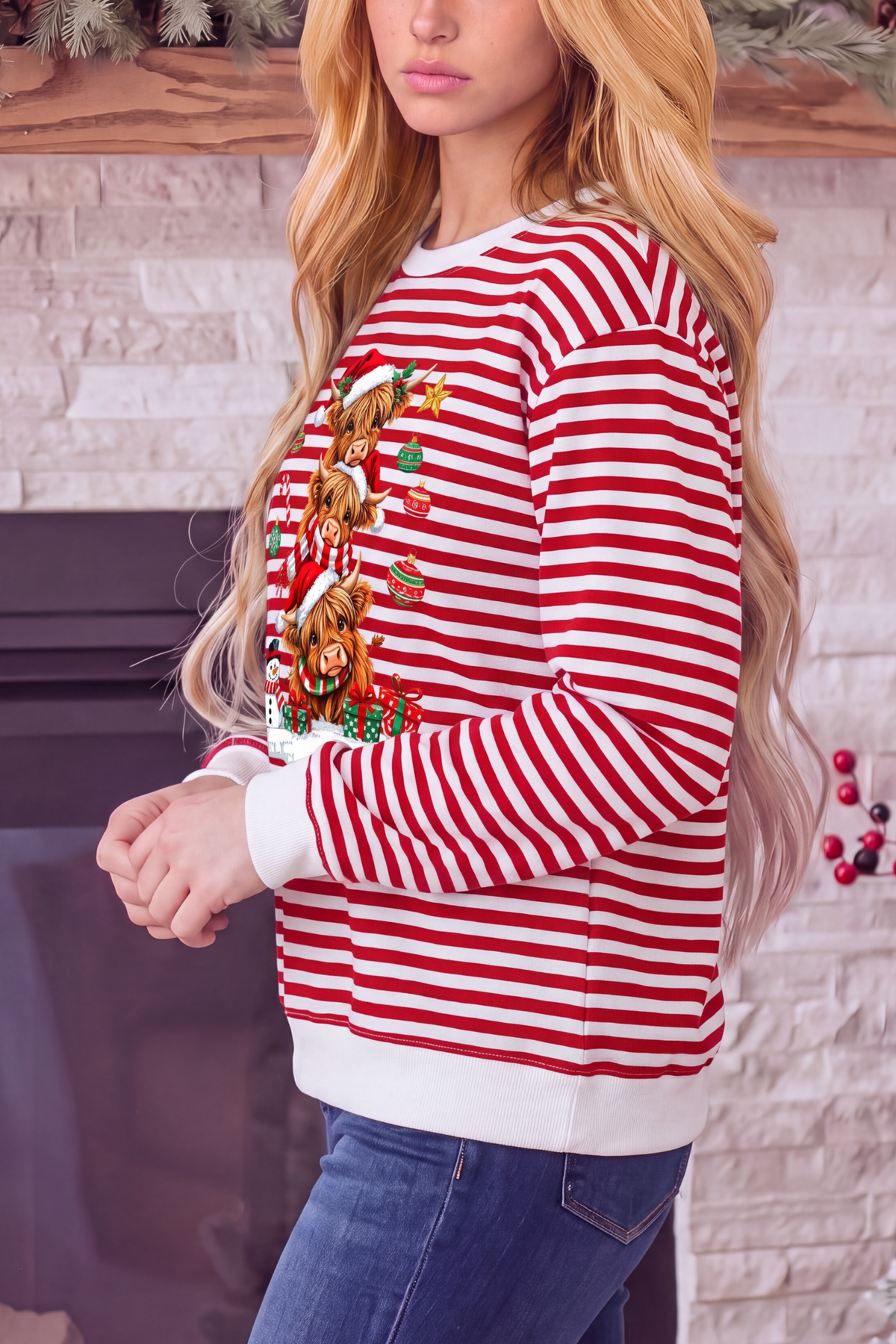 Women's Christmas Cow Striped Color Block Sweatshirt