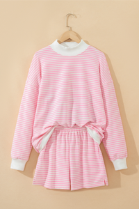 Women's Loungewear Sets:Striped Mock Neck Sweatshirt &Shorts