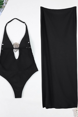 Women's Sexy Halter Cross Slim One Piece Swimsuit Set