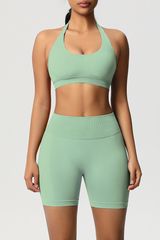 Women Halter Neck Yoga Set: High-Waisted Sculpting Shorts + Backless Sports Bra