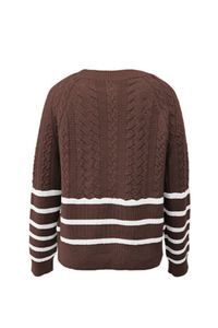Women's Winter Crew Neck Cable Knit Contrast Stripe Sweater