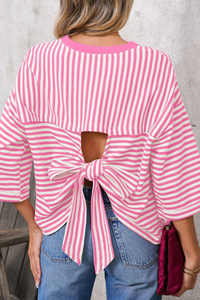 Women's Striped Round Neck Back Tie Blouse Loose T-shirt