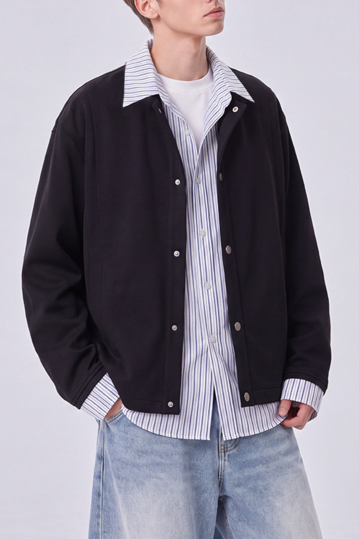 Men's Preppy Faux Layered Striped Trim Collared Jacket