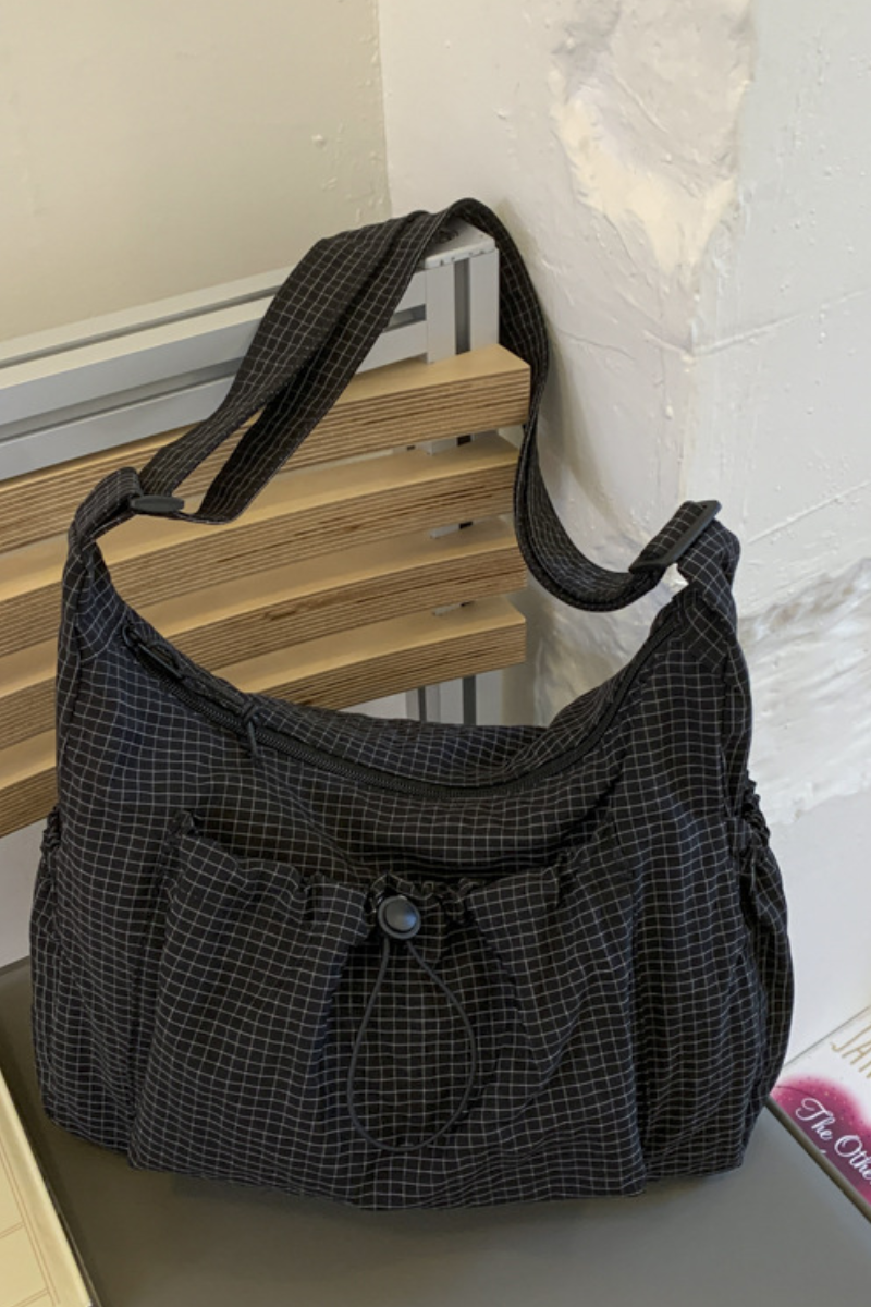 Women's Plaid Multi Pocket Drawstring Ruched Shoulde Bag
