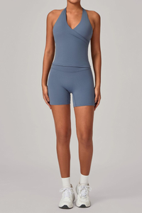 Women's Athletic Set:Halterneck Pleated V-neck Bra & Shorts