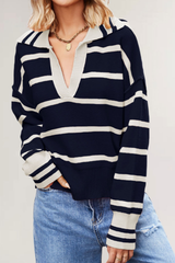 Women's Contrast Stripe Collared V Neck Knit Sweater