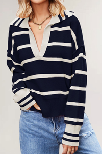 Women's Contrast Stripe Collared V Neck Knit Sweater