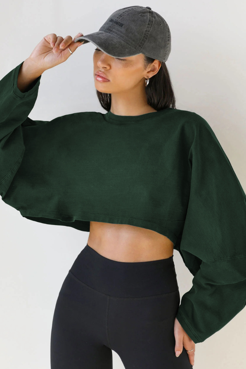 Women's Fall Cropped Drop Shoulder Relaxed Long Sleeve Top