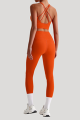 Women Naked Feel Cross Back Yoga Set: High Waisted Seamless Tummy Control Leggings + Crisscross Sports Bra