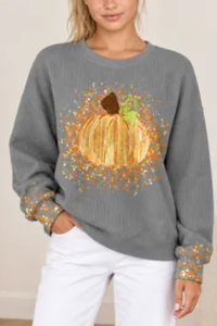 Women's Fall Halloween Cute Pumpkin Glitter Print Pullover