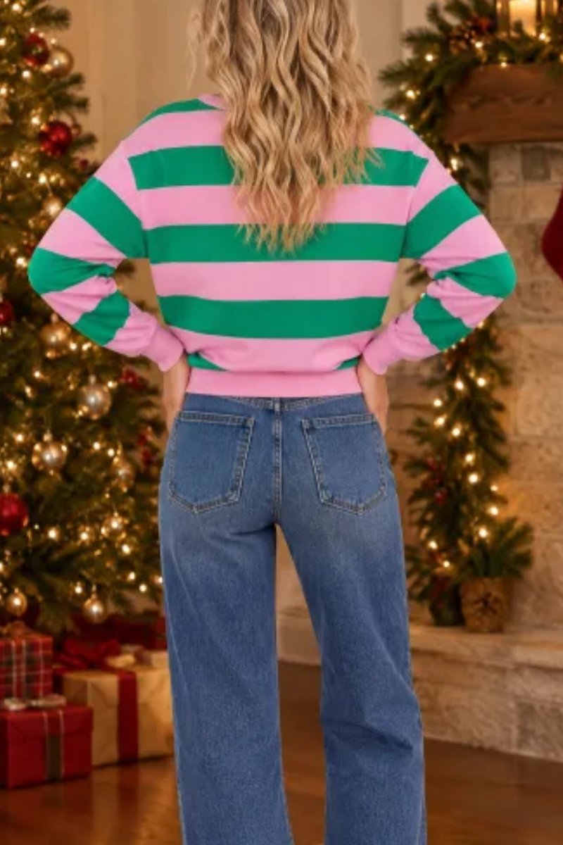 Women's Fall Christmas Embroidery Stripe Sweatshirt