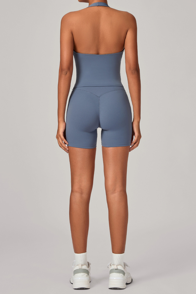 Women's Athletic Set:Halterneck Pleated V-neck Bra & Shorts