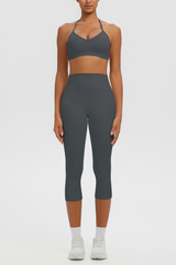 Women Halter V-neck Bra & High Waist Capri Leggings Yoga Set