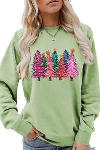 Women's Christmas Colorful Tree Print Crew Neck Sweatshirt