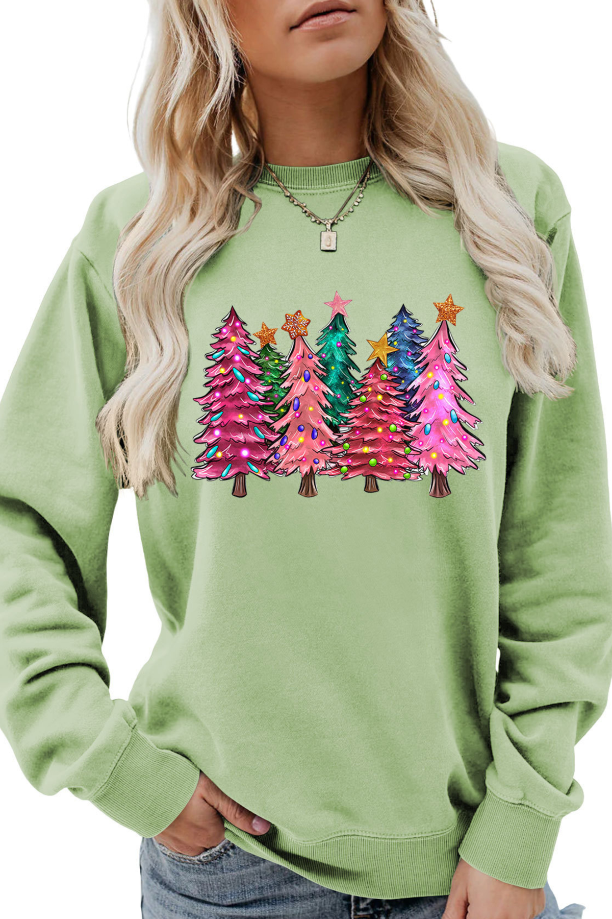Women's Christmas Colorful Tree Print Crew Neck Sweatshirt