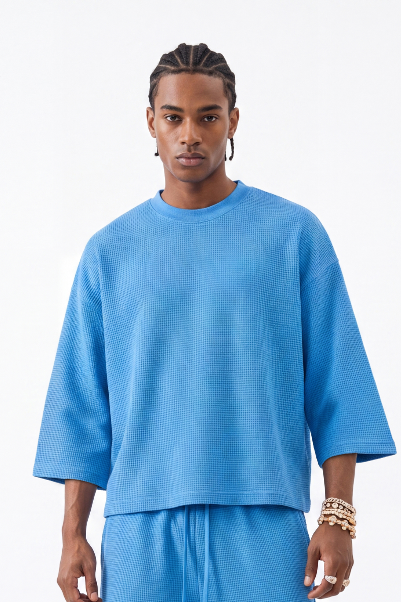 Men's Drop Shoulder Loose Crew Neck Waffle Knit T-shirt