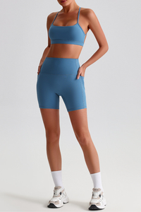 Women's Bare Feel Cross Back Bra & Side Pocket Shorts Set