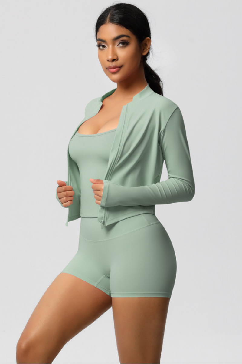 Women Tight Yoga Set:Brushed Sports Bra+ Zip Jacket + Shorts