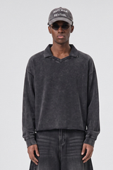 Unisex Fall 100% Cotton Washed Boxy V-Neck Polo Sweatshirt