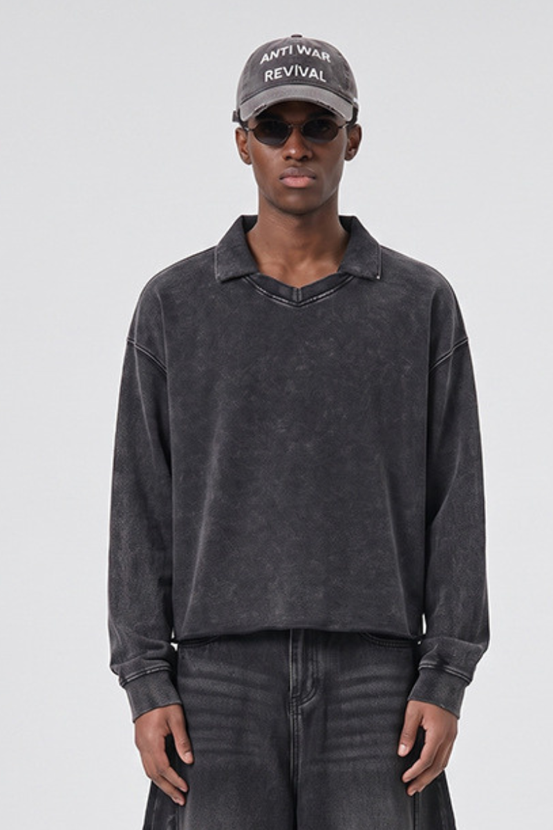 Unisex Fall 100% Cotton Washed Boxy V-Neck Polo Sweatshirt