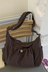 Women's Plaid Multi Pocket Drawstring Ruched Shoulde Bag