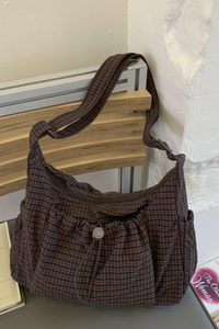 Women's Plaid Multi Pocket Drawstring Ruched Shoulde Bag