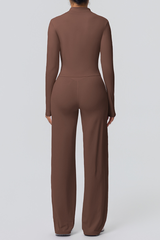 Women's Set:Collared Zippered Jacket And Wide Leg Pants