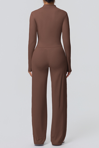Women's Set:Collared Zippered Jacket And Wide Leg Pants