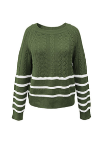 Women's Winter Crew Neck Cable Knit Contrast Stripe Sweater