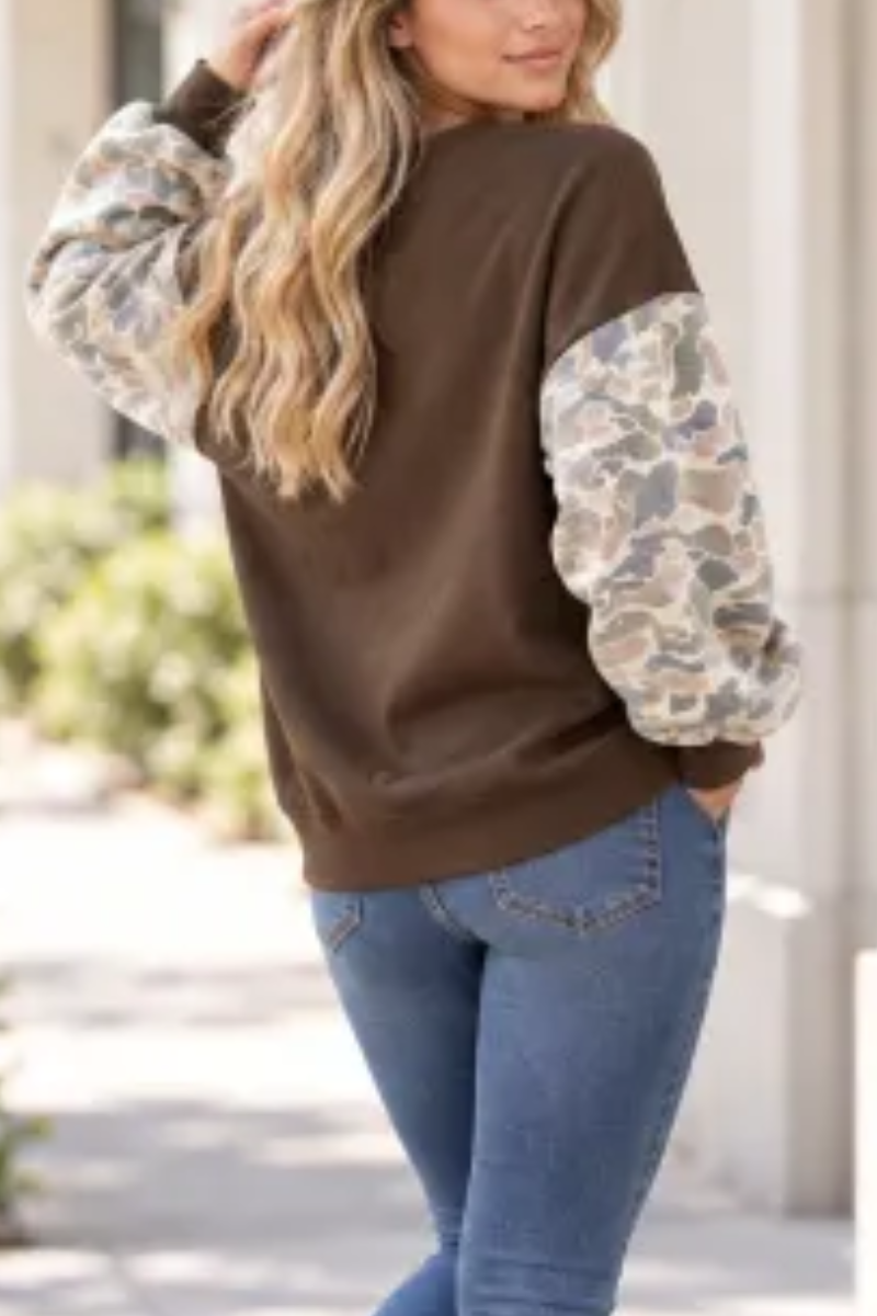 Women's Fall Color Block Camouflage Mockneck Sweatshirt