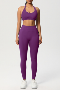 Women Seamless Knit Yoga Set: Halter Back Sports Bra + Sculpting Leggings