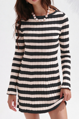 Women's Striped Ribbed Knit  Long Sleeve Bodycon Mini Dress