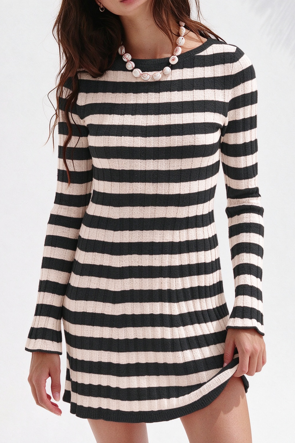 Women's Striped Ribbed Knit  Long Sleeve Bodycon Mini Dress