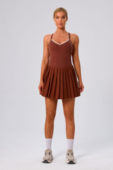 Women's Color Block V-Neck Cross-Back Pleated Tennis Dress