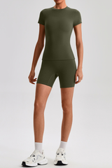 Women's Solid Slim Fit T-shirt & No Front Seam Shorts Yoga Set