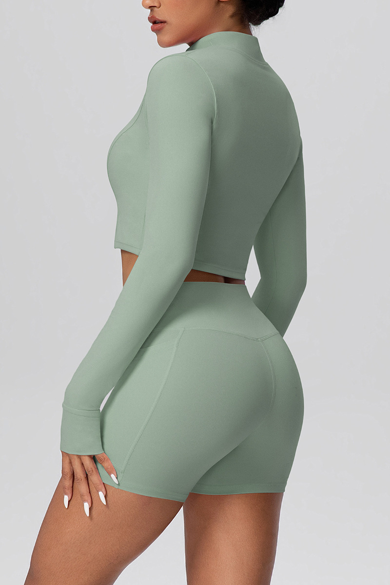 Women's Two Piece Set:Stand Collar Cropped Jacket And Shorts