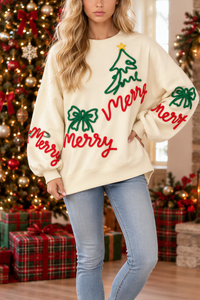 Women's Christmas Embroidery Bow Balloon Sleeve Sweatshirt
