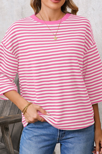 Women's Striped Round Neck Back Tie Blouse Loose T-shirt
