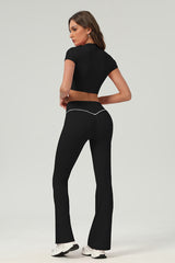 Women Urban Quick-Dry Color-Block Tennis Yoga Outfit Set With Crop Top & Flared Pants