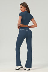 Women Urban Quick-Dry Color-Block Tennis Yoga Outfit Set With Crop Top & Flared Pants