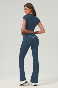 Women Urban Quick-Dry Color-Block Tennis Yoga Outfit Set With Crop Top & Flared Pants