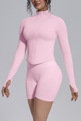 Women's Seamless Stretchy Jacket And No Front Seam Short Set