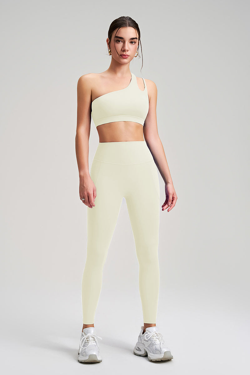 Women Single Shoulder Backless Yoga Set: Crisscross Strap Sports Bra + High Waist Leggings