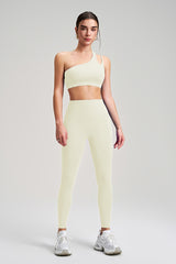 Women Single Shoulder Backless Yoga Set: Crisscross Strap Sports Bra + High Waist Leggings