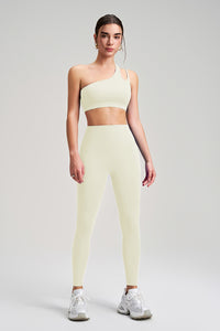 Women Single Shoulder Backless Yoga Set: Crisscross Strap Sports Bra + High Waist Leggings