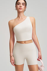 Women Single Shoulder Quick Dry Waist Shaping Yoga Set: Short Sleeve Bra + Shorts
